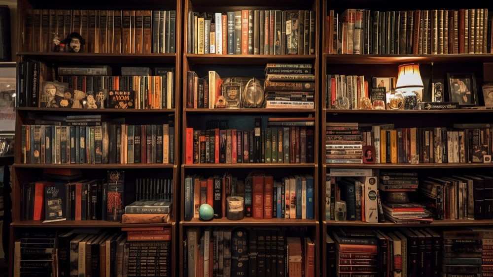 Rare first edition books displayed on a wooden bookshelf in a vintage bookstore